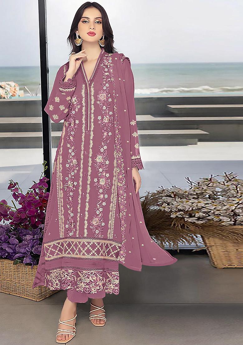 Dark Mauve Embroidered Faux Georgette Kurta Set
