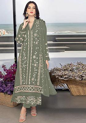 Dark Purple Embroidered Faux Georgette Kurta Set