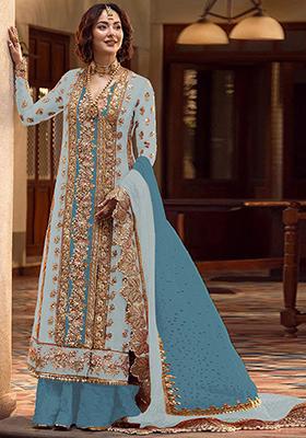 Sky Blue And Firozi Embroidered Organza Kurta Set