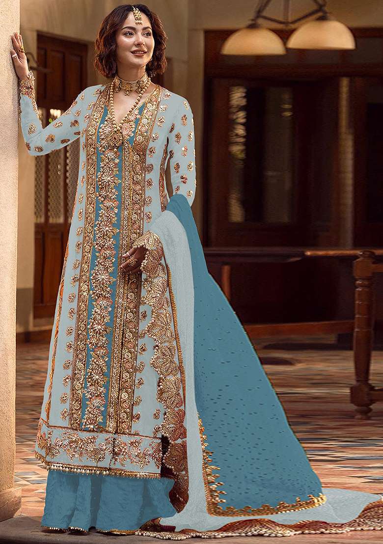 Sky Blue Embroidered Organza Sharara Set - Indya