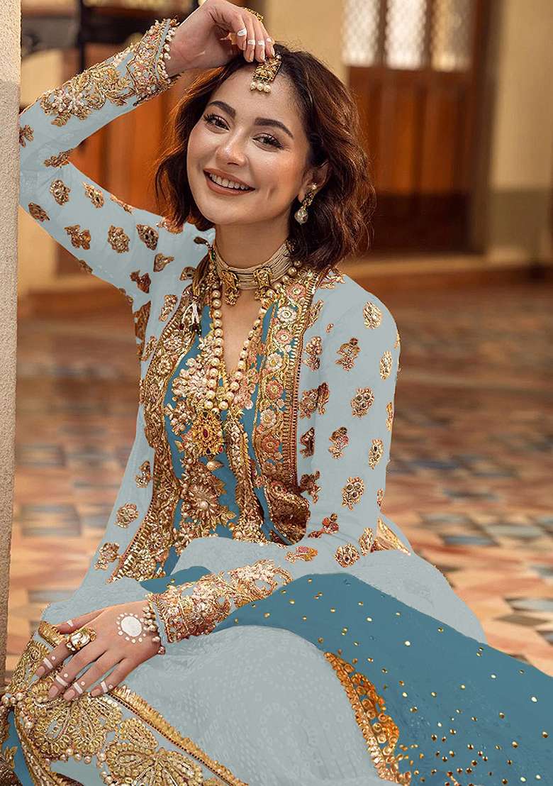Sky Blue Embroidered Organza Sharara Set - Indya