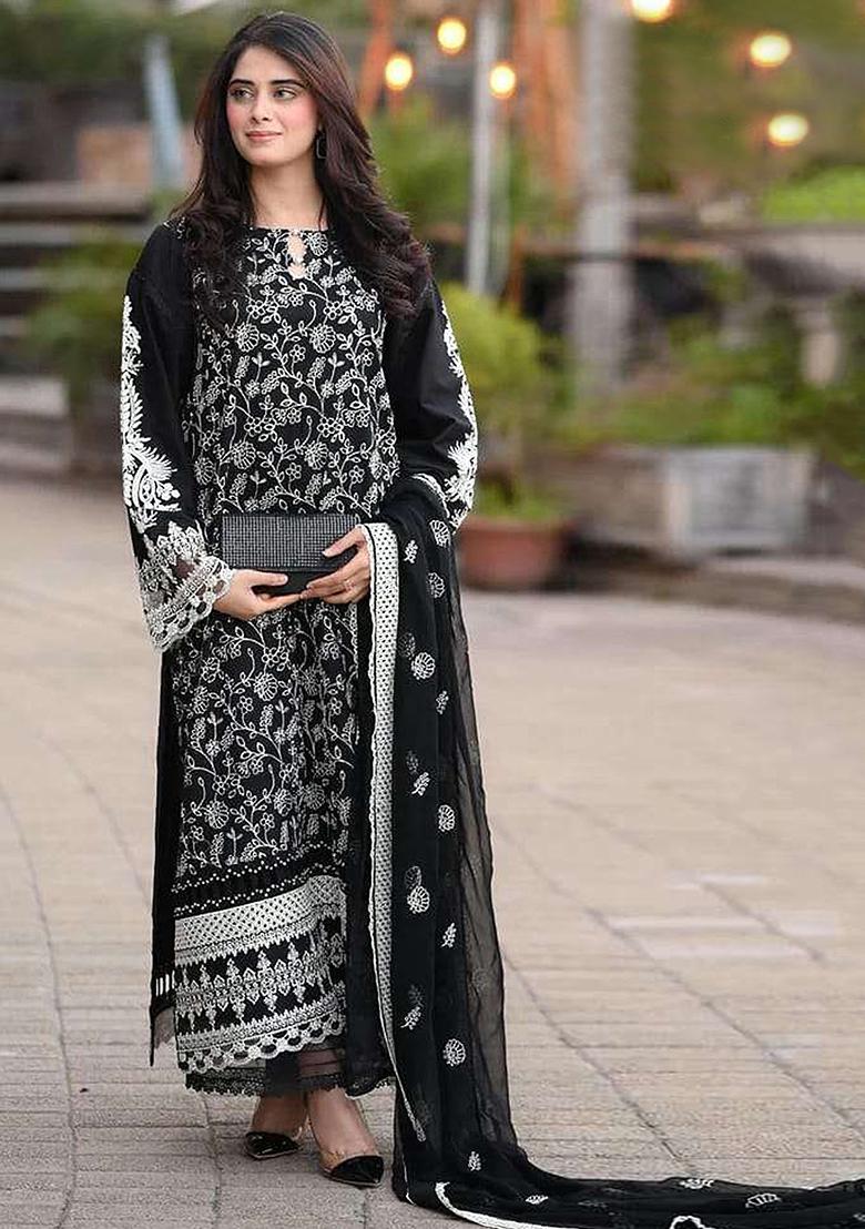 Black Embroidered Faux Georgette Kurta Set - Indya