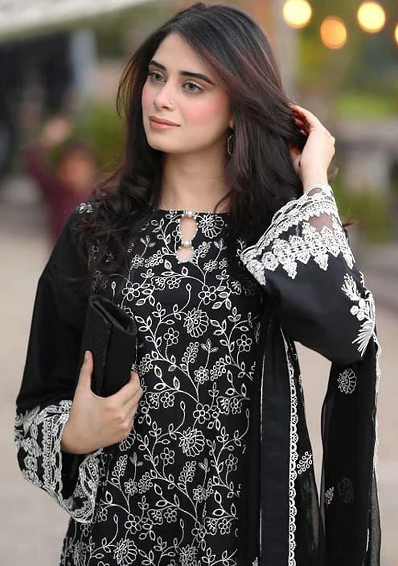 Black Embroidered Faux Georgette Kurta Set - Indya
