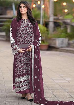 Wine Embroidered Faux Georgette Kurta Set