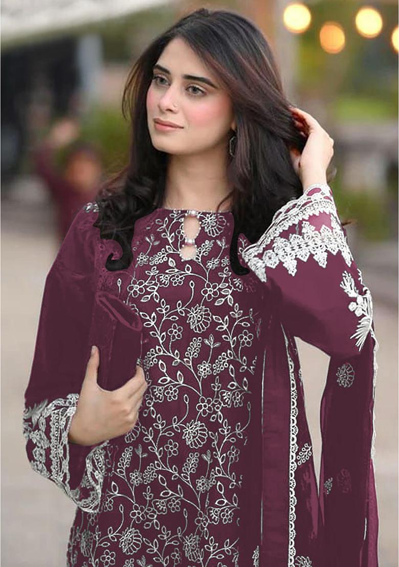 Wine Embroidered Faux Georgette Kurta Set