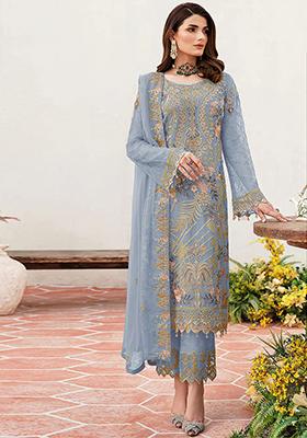Sky Blue Embroidered Faux Georgette Kurta Set