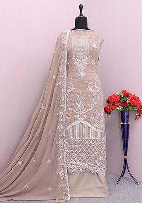 Beige Embroidered Georgette Kurta Set