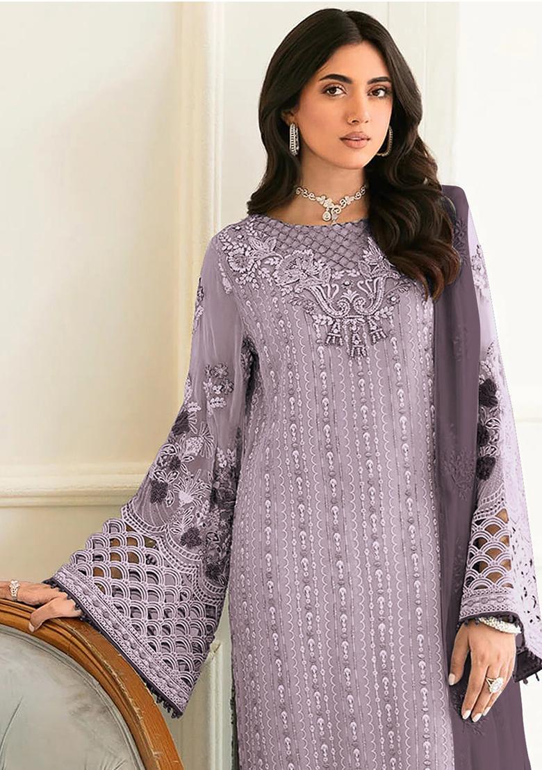 Light Purple Embroidered Faux Georgette Kurta Set