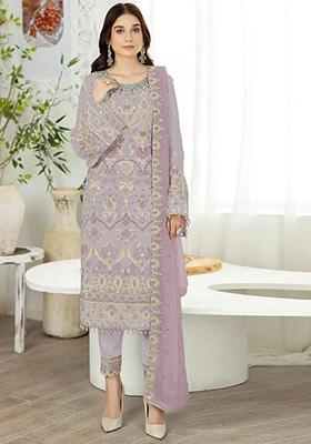 Grey Embroidered Faux Georgette Kurta Set