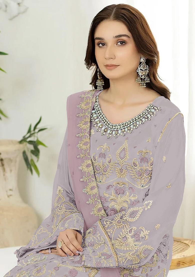 Grey Embroidered Faux Georgette Kurta Set