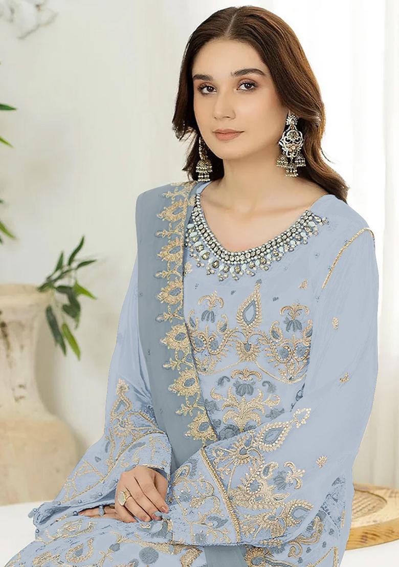 Sky Blue Embroidered Faux Georgette Kurta Set
