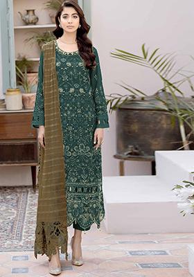Dark Green Embroidered Faux Georgette Kurta Set
