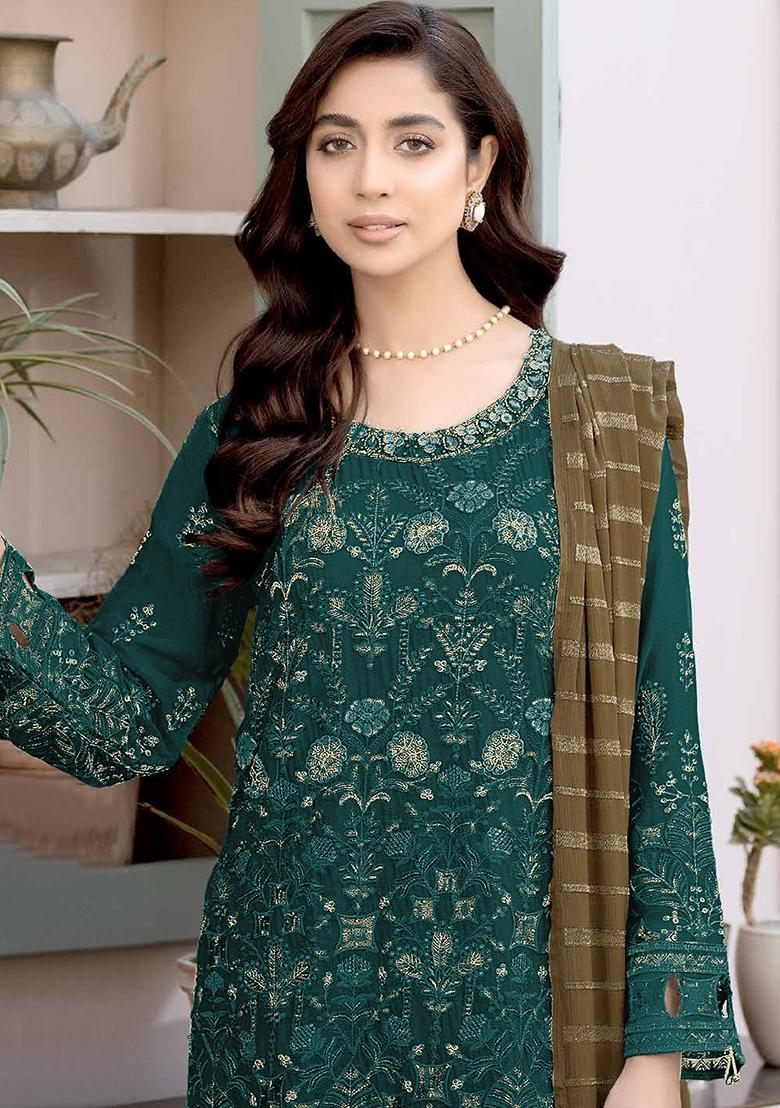 Dark Green Embroidered Faux Georgette Kurta Set