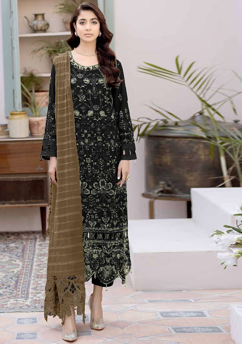 Black Embroidered Faux Georgette Kurta Set - Indya