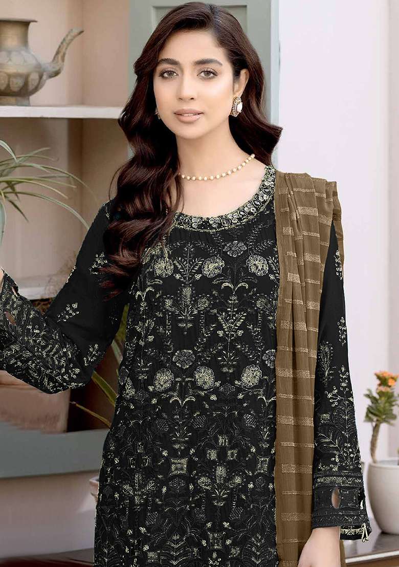 Black Embroidered Faux Georgette Kurta Set - Indya