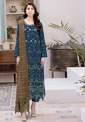 Dark Teal Embroidered Faux Georgette Kurta Set