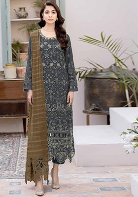 Dark Grey Embroidered Faux Georgette Kurta Set