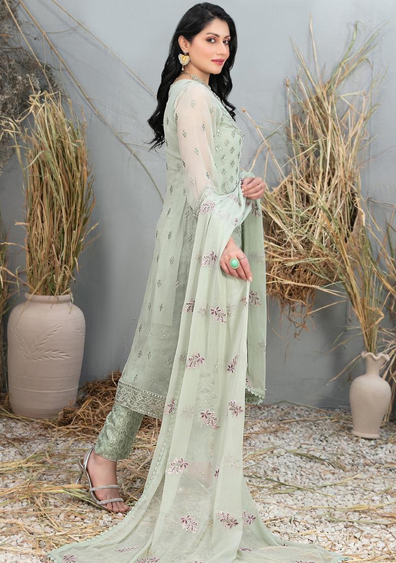 Pista Green Embroidered Faux Georgette Kurta Set