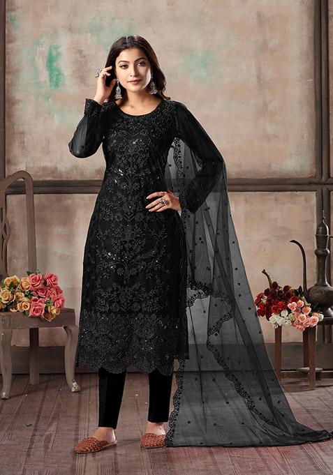 Black Embroidered Net Kurta Set