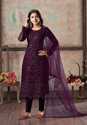 Purple Embroidered Net Kurta Set