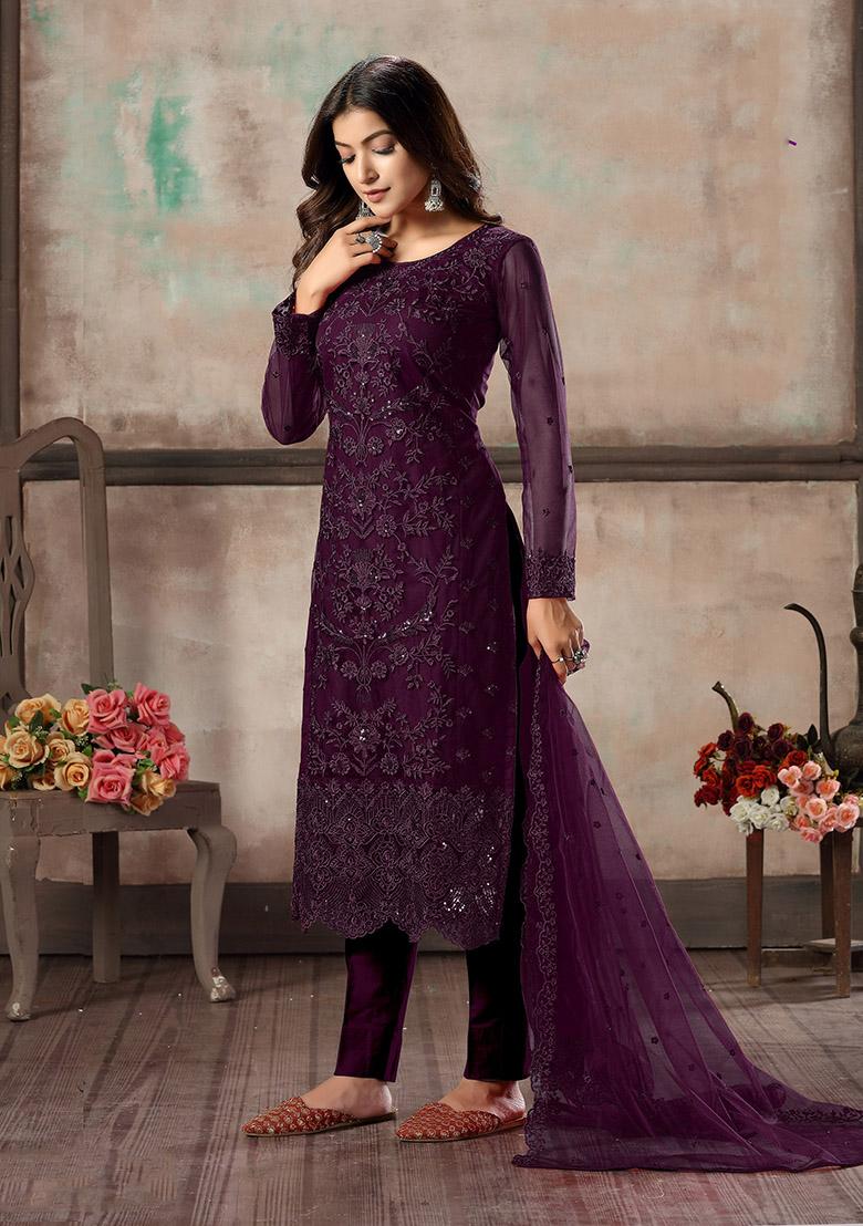 Purple Embroidered Net Kurta Set