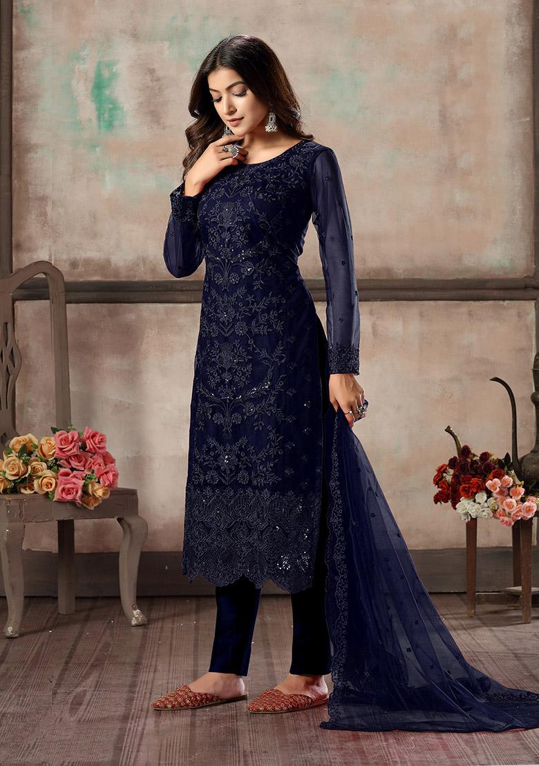 Navy Blue Embroidered Net Kurta Set