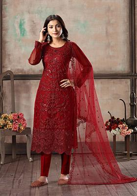 Red Embroidered Net Kurta Set
