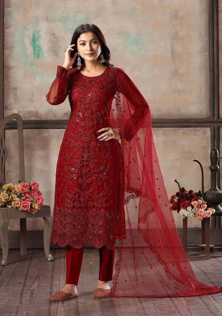 Red Embroidered Net Pakistani Suit Set - Indya