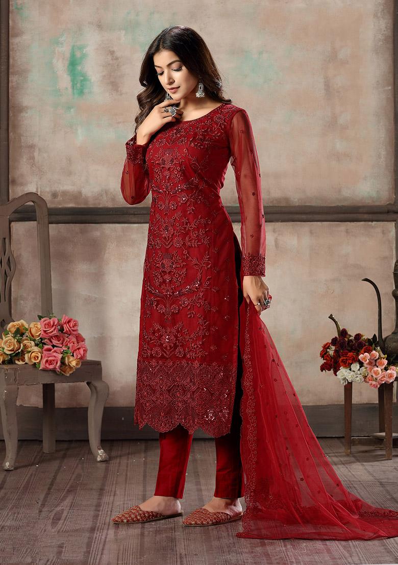 Red Embroidered Net Kurta Set