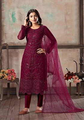 Wine Embroidered Net Kurta Set