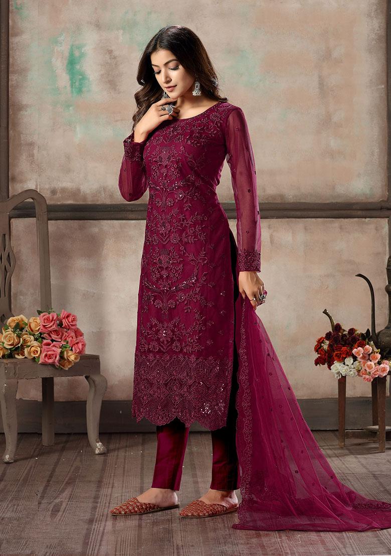 Wine Embroidered Net Kurta Set