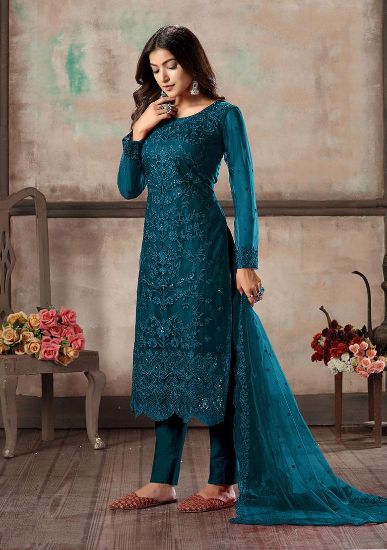 Teal Blue Embroidered Net Kurta Set