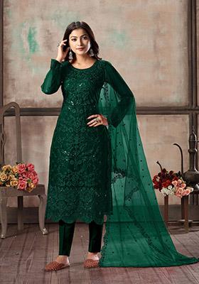 Green Embroidered Net Kurta Set