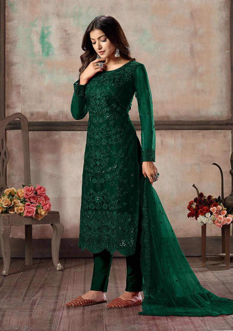 Green Embroidered Net Kurta Set