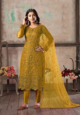 Mustard Yellow Embroidered Net Kurta Set