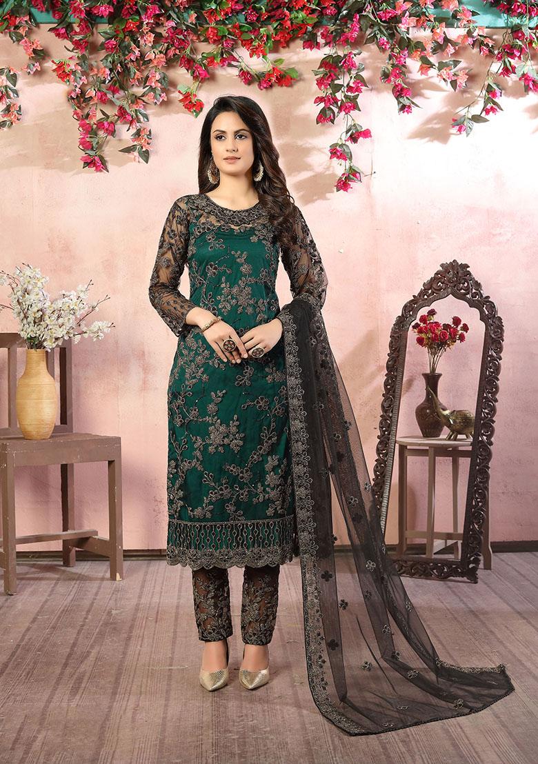 Teal Green Embroidered Net Kurta Set