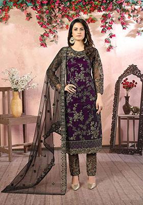 Dark Purple Embroidered Net Kurta Set