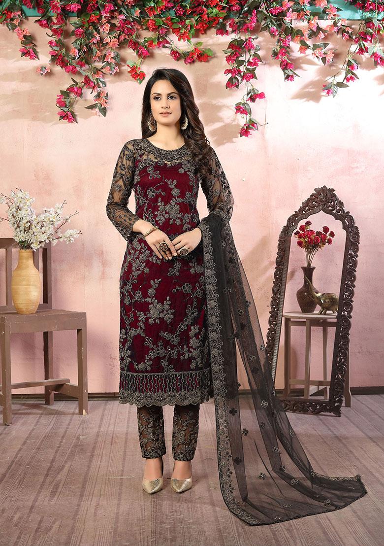 Maroon Embroidered Net Kurta Set