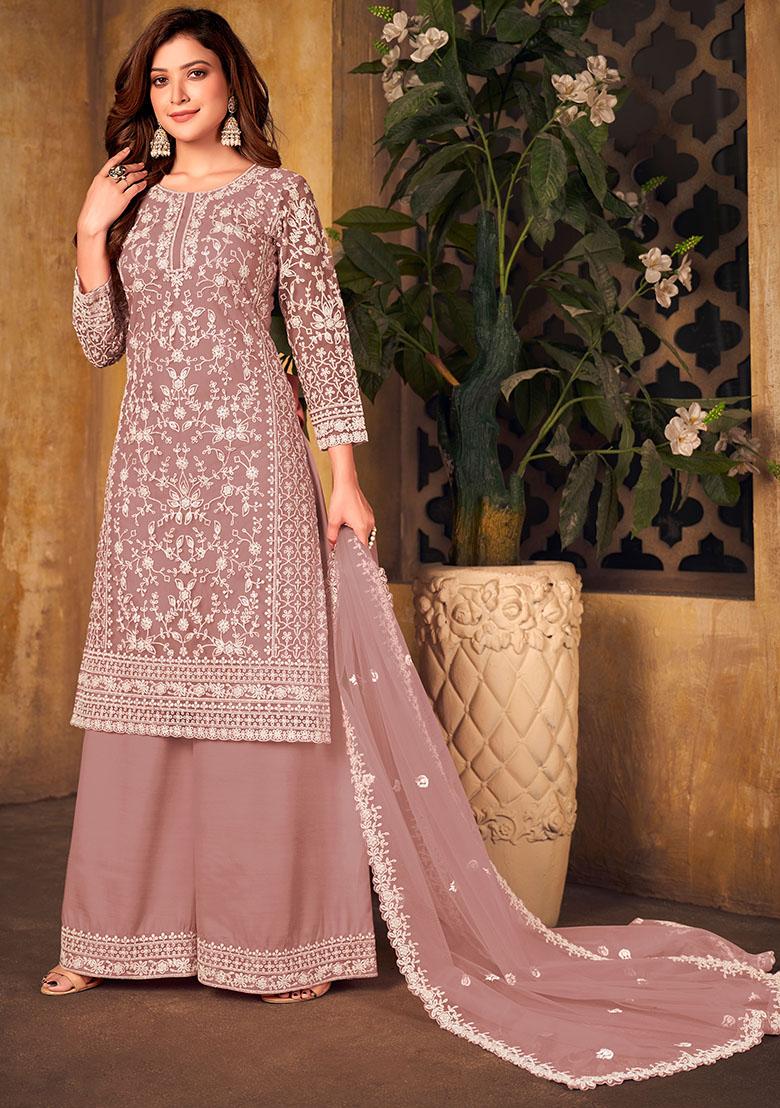 Dusty Pink Embroidered Net Kurta Set