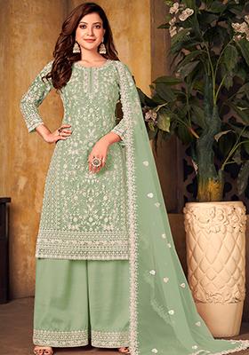 Light Green Embroidered Net Kurta Set