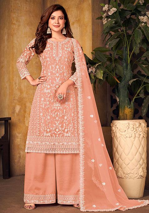 Peach Embroidered Net Kurta Set