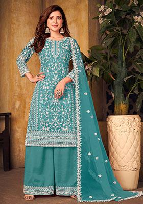 Teal Blue Embroidered Net Kurta Set