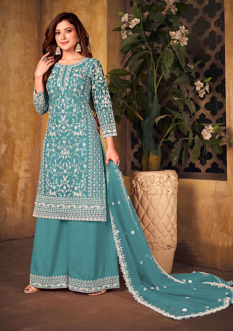 Teal Blue Embroidered Net Kurta Set