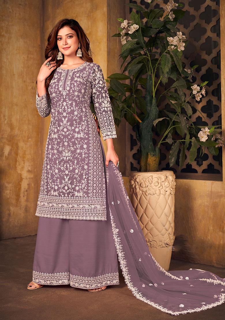 Dusty Purple Embroidered Net Kurta Set