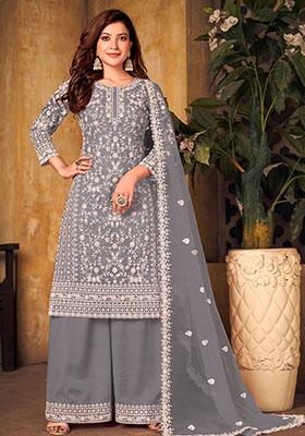 Grey Embroidered Net Kurta Set