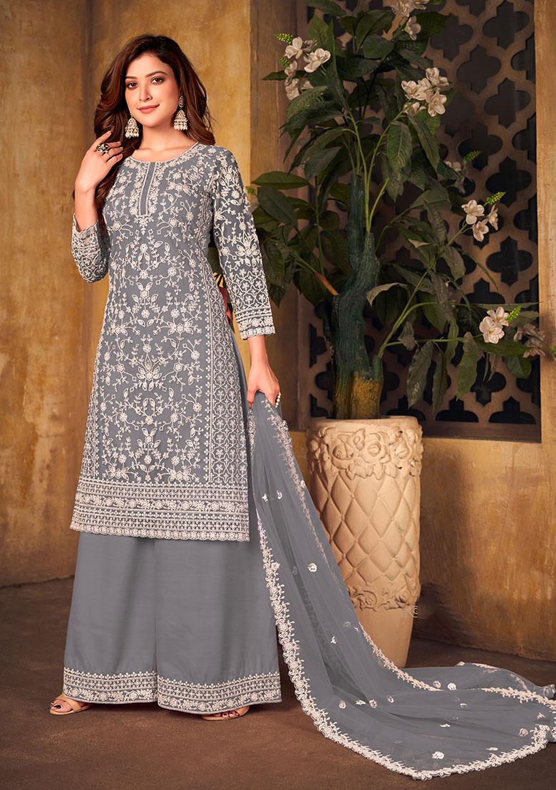 Grey Embroidered Net Kurta Set