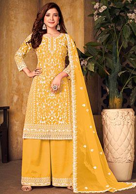 Yellow Embroidered Net Kurta Set