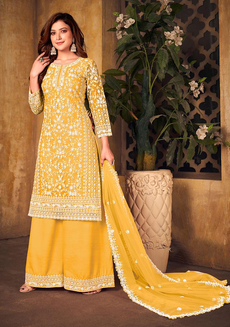 Yellow Embroidered Net Kurta Set