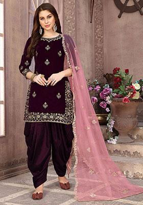 Purple Embroidered Net Kurta Set