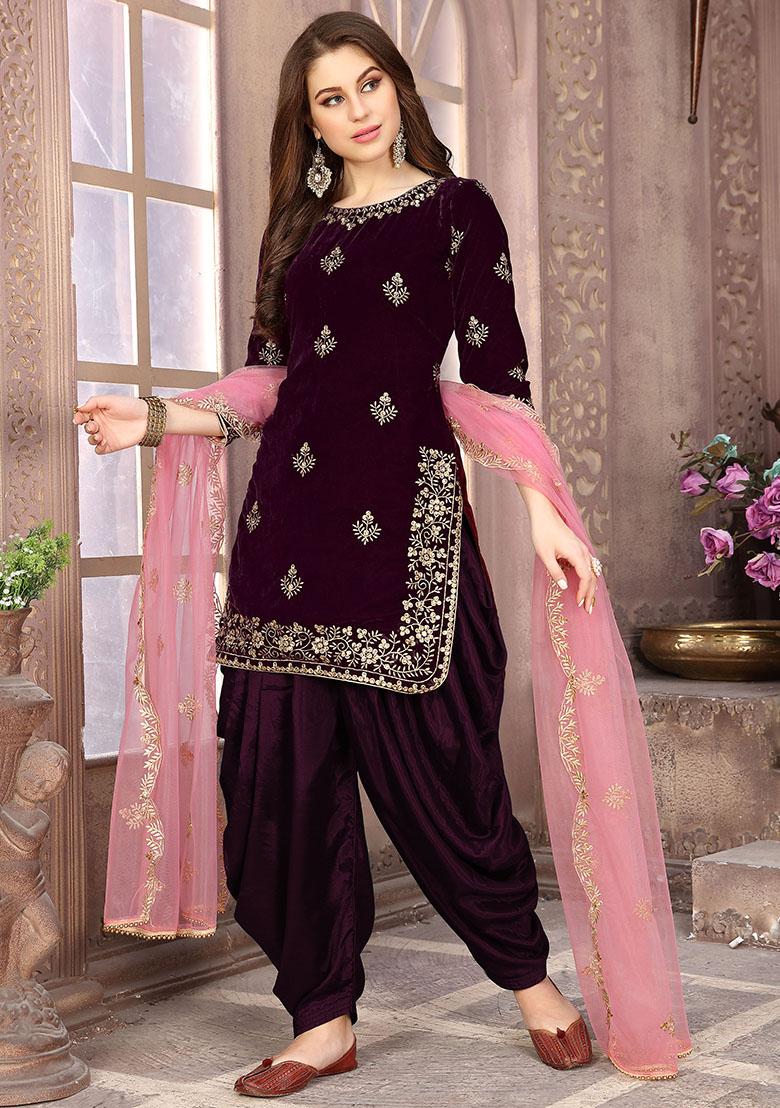 Purple Embroidered Net Kurta Set